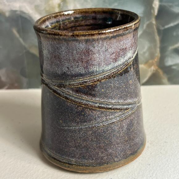 Art Studio Pottery Small Vase 4" Glazed Purple Brown Ombre Speckle Signed 1999 - Picture 2 of 8